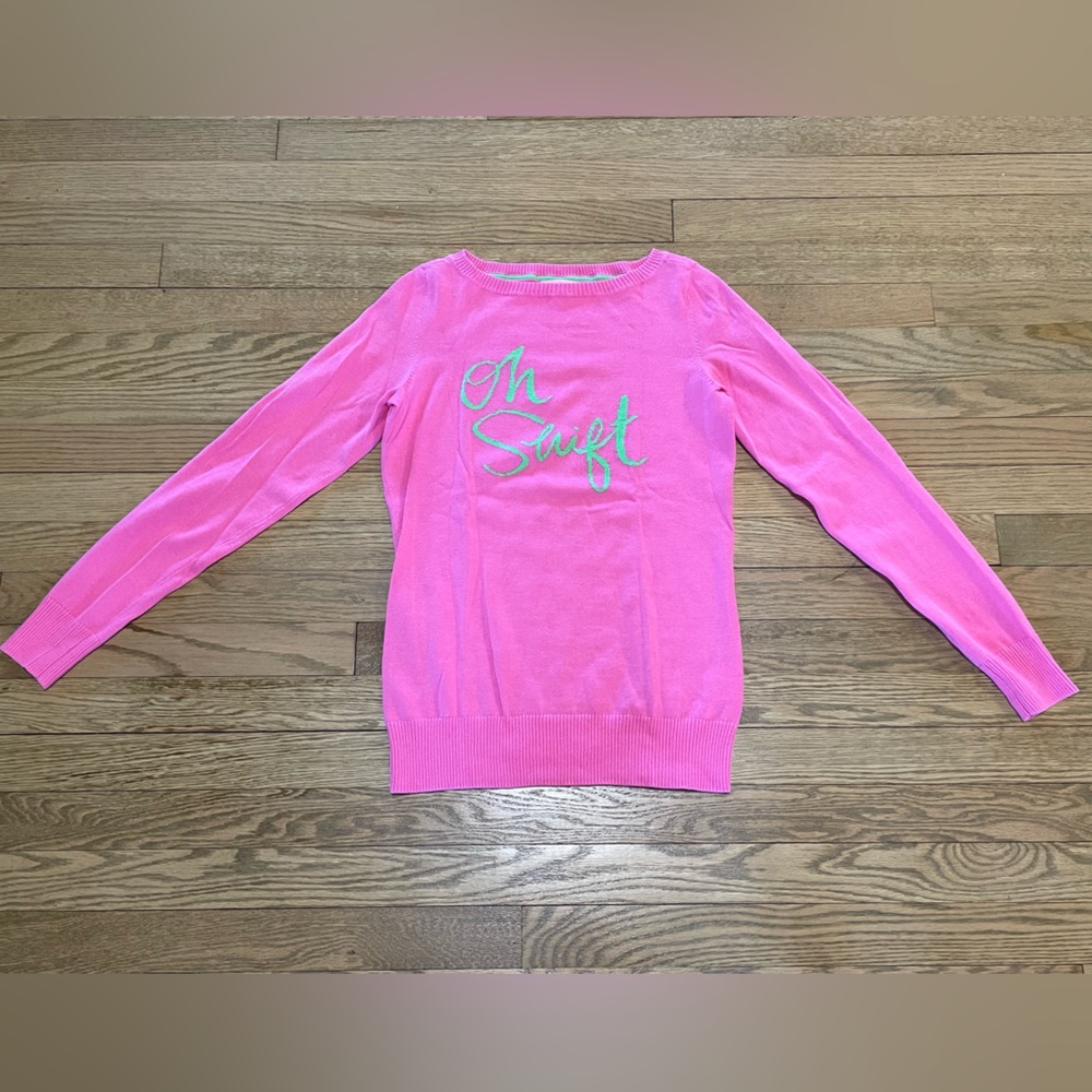 LILLY PULITZER 100% Cotton Pink Light Sweater w/ Green “Oh Shift”